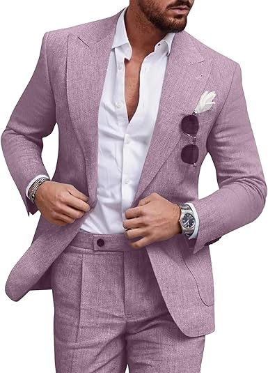 Linen Men Suit Set Casual Tuxedo 2 Piece Regular Fit Blazer One Button Solid Jacket and Pants for Prom Wedding Party