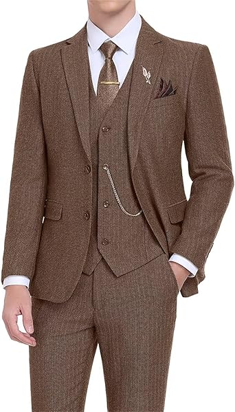 Retro Tweed Men's Suit 3 Piece Slim Fit Herringbone Suits Groom Tuxedos Set Wedding Prom Blazer Jacket Vest Pants for Men