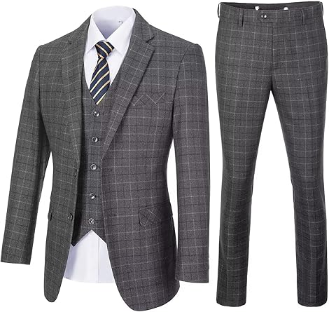 Men's Suit Set,3 Pieces Plaid Suit for Men Slim Fit Formal Bussiness Wedding Suit Prom Tuxedos Suit Blazer Vest Pant