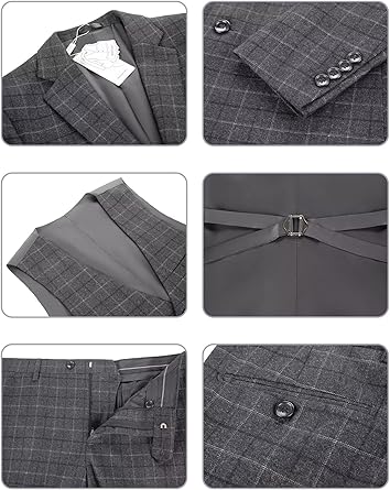 Men's Suit Set,3 Pieces Plaid Suit for Men Slim Fit Formal Bussiness Wedding Suit Prom Tuxedos Suit Blazer Vest Pant