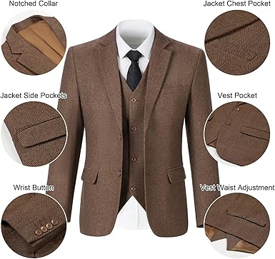 Retro Tweed Men's Suit 3 Piece Slim Fit Herringbone Suits Groom Tuxedos Set Wedding Prom Blazer Jacket Vest Pants for Men