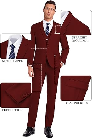 Men Suit 3 Pieces Slim Fit, 2 Buttons Groomsmen Business Jacket Vest Pant Prom Tuxedo with Tie