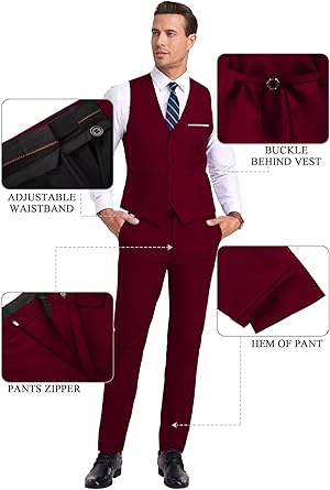 Men Suit 3 Pieces Slim Fit, 2 Buttons Groomsmen Business Jacket Vest Pant Prom Tuxedo with Tie