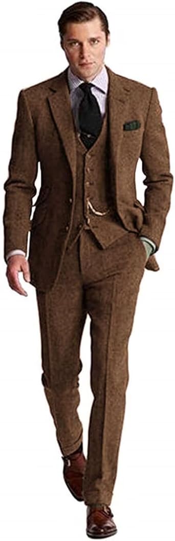 Retro Tweed Men's Suit 3 Piece Slim Fit Herringbone Suits Groom Tuxedos Set Wedding Prom Blazer Jacket Vest Pants for Men