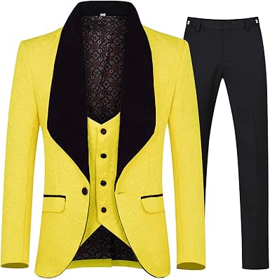 Men's 3 Piece Suit Slim Fit Jacquard Tuxedo One Button Shawl Collar Jacket Vest & Trousers