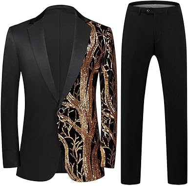 Mens 2 Piece Suit Slim Fit Sequin Shiny One Button Tuxedo Black Sequin Jacket Pants Sets for Wedding Party Prom
