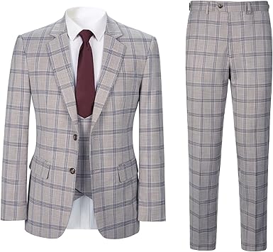 Men's 3 Pieces Slim Fit Plaid Suits Wedding Party Checked Tuxedo Blazer Jacket Vest Pants Suit Set