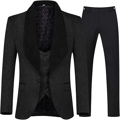 Men's 3 Piece Suit Slim Fit Jacquard Tuxedo One Button Shawl Collar Jacket Vest & Trousers