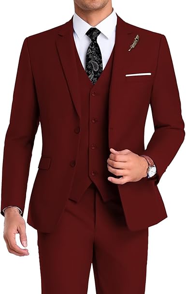 Men Suit 3 Pieces Slim Fit, 2 Buttons Groomsmen Business Jacket Vest Pant Prom Tuxedo with Tie