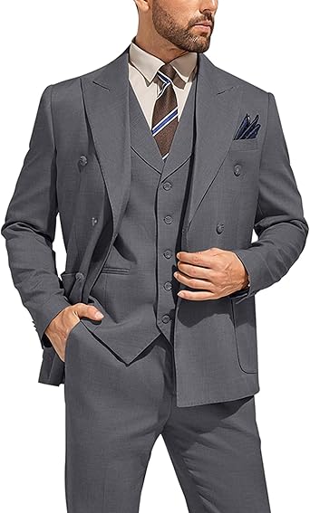 Mens Suit 3 Piece Slim Fit Double Breasted Tuxedo Suits Blazer Jacket Vest Pants Set Formal Wedding Prom Tux Sets for Men