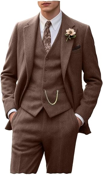Retro Tweed Men's Suit 3 Piece Slim Fit Herringbone Suits Groom Tuxedos Set Wedding Prom Blazer Jacket Vest Pants for Men