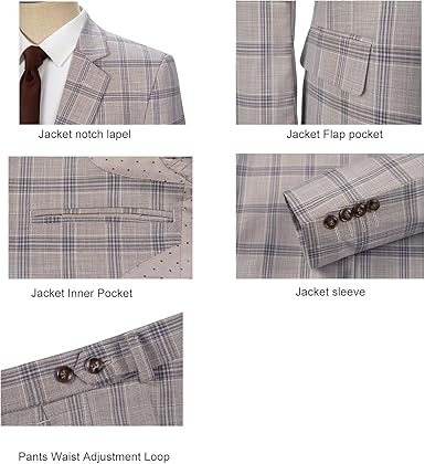 Men's 3 Pieces Slim Fit Plaid Suits Wedding Party Checked Tuxedo Blazer Jacket Vest Pants Suit Set