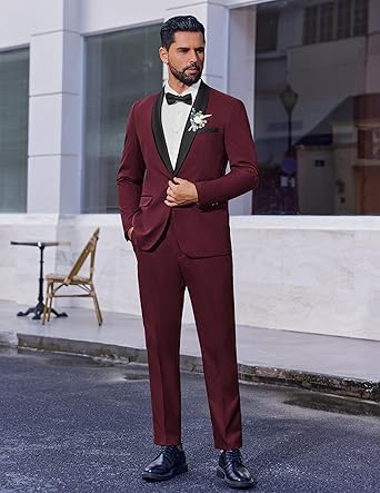 Men's 2 Piece Suit Slim Fit Shawl Lapel One Button Formal Tuxedo Jacket Pants Set for Wedding Prom Business