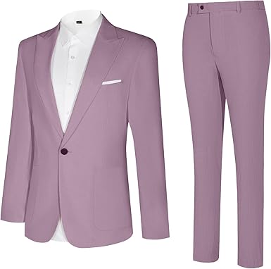 Linen Men Suit Set Casual Tuxedo 2 Piece Regular Fit Blazer One Button Solid Jacket and Pants for Prom Wedding Party