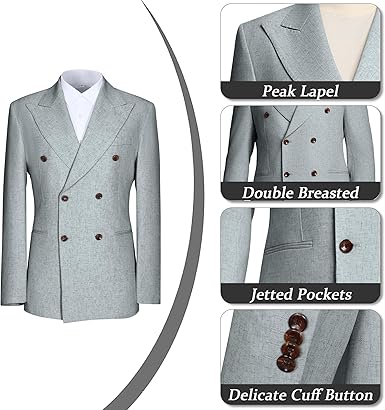 Mens Suits Linen 2 Piece Suit for Men Peak Lapel Slim Fit Suits Set Double Breasted Tuxedos for Wedding Prom