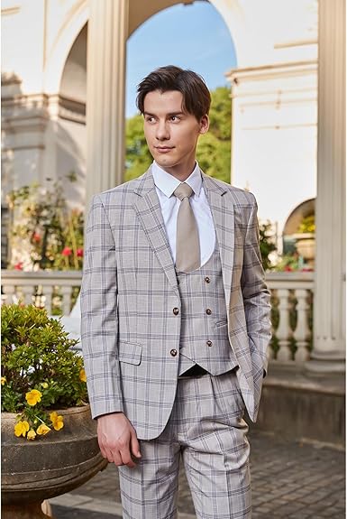 Men's 3 Pieces Slim Fit Plaid Suits Wedding Party Checked Tuxedo Blazer Jacket Vest Pants Suit Set