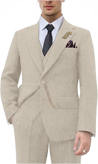 Retro Tweed Brown Men Suit 3 Piece Herringbone Slim Fit Suits Wedding Tuxedos Set Prom Jacket Blazers Vest Pants for Mens