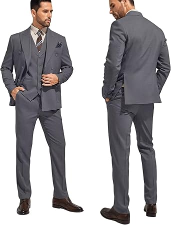 Mens Suit 3 Piece Slim Fit Double Breasted Tuxedo Suits Blazer Jacket Vest Pants Set Formal Wedding Prom Tux Sets for Men